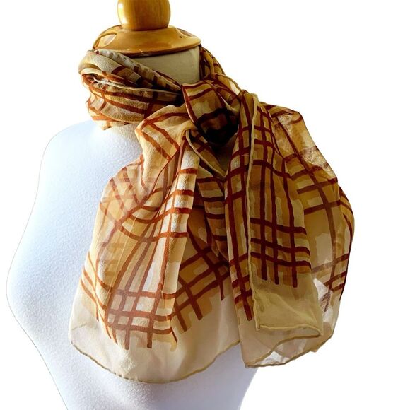 Vintage NOS ECHO Rectangular Brown Tan Silk Scarf Hand Rolled Hem - Picture 4 of 9